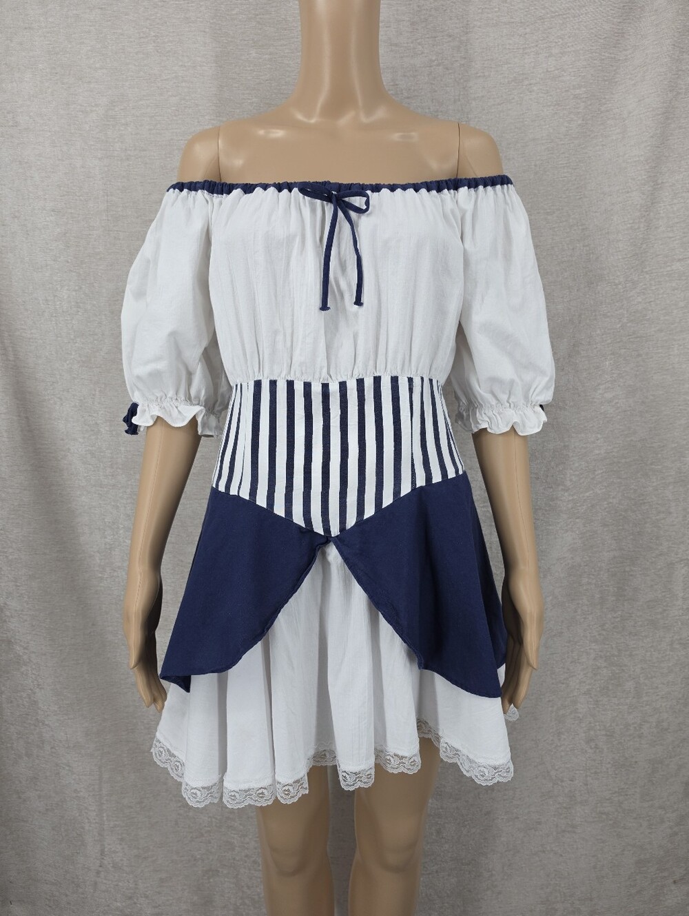 Vintage Costume Milkmaid Renaissance Maiden Bo Peep Mini Dress Cotton Blue White